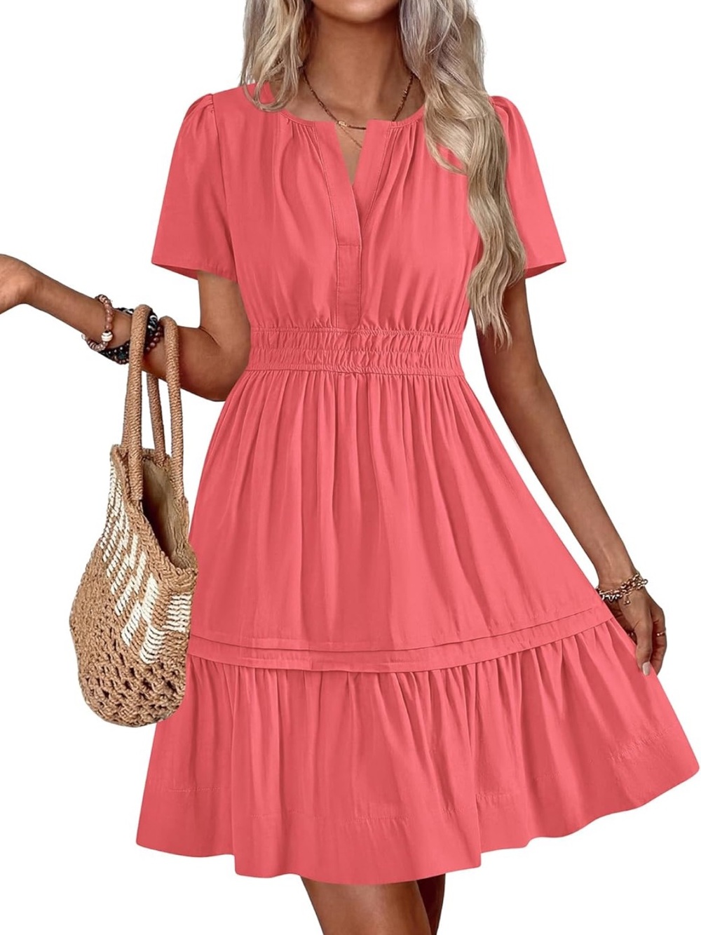 #39 BTFBM Women's Coral Short Sleeve Smocked Waist Dress